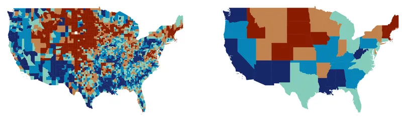 Two choropleth maps with different granularities: Custom color map (2)