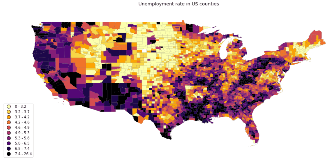 Choropleth map of US counties with Python, Geopandas and Geoplot